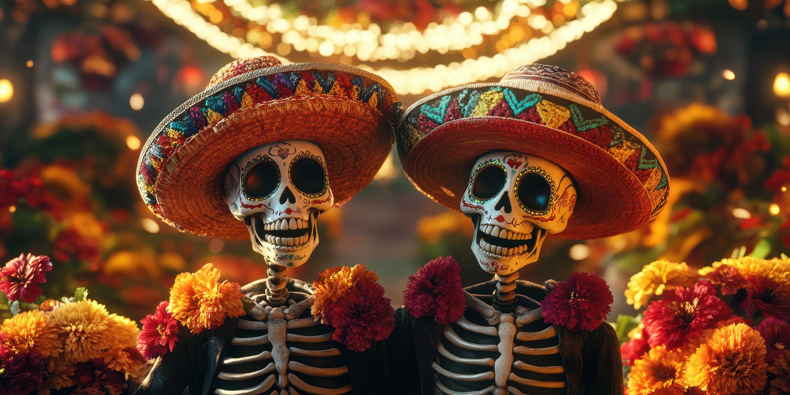 Celebrating tradition with skeletal figures adorned in vibrant attire during a festive gathering in a colorful flower-filled setting